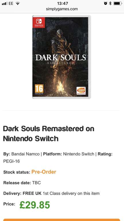 Dark souls remastered (switch) £29.85 @ Simply games