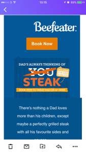 Grab a FREE* steak this Father’s Day! At Beefeater 6oz flat Iron *Good if you are planning on going. Offer based on another main meal purchase