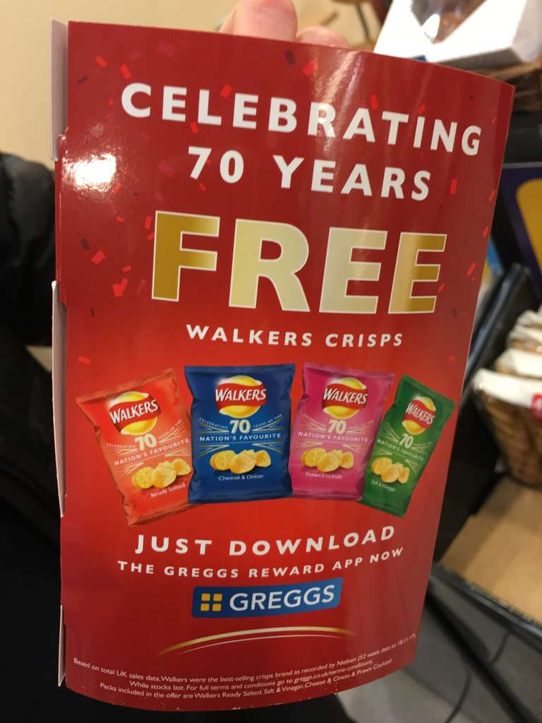 NOW LIVE - FREE Walkers Crisps @ Greggs with app