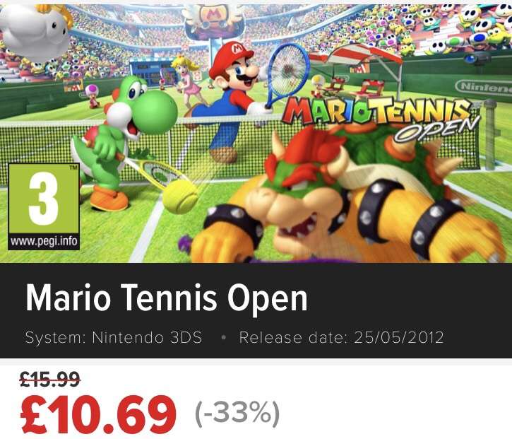 Mario tennis open (3ds) £10.66, Super Smash bros. (3ds) £26.69, New Super Mario bros 2 (3ds) £26.69, Fire emblem awakening (3ds) £26.69 @ nintendo eshop uk