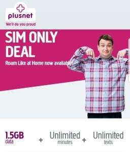 Unlimited calls & txts. 1.5gb data only £5pm @ Plusnet