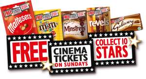 Free Sunday cinema ticket with £3 of chocolate eg Snickers Maltesers Minstrels Milky Way Revels Twix Ticket can be used at Cineworld, Empire, Showcase & more see op for all details