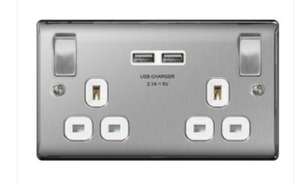 Nexus Metal NBS22UG 13A Double Plug Socket with 2 x USB Charger (2.1A), Brushed Steel Finish, Grey Inserts supplied by the electrical showroom £10.99 + £3.95 delivery