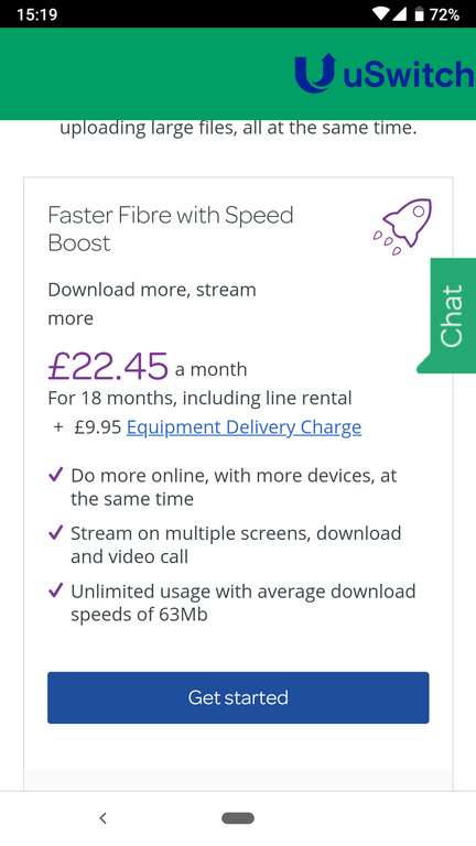 TalkTalk Faster Broadband with boost 63Mb 18month contract - £22.45pm + £9.95 setup - £414.05 via uswitch