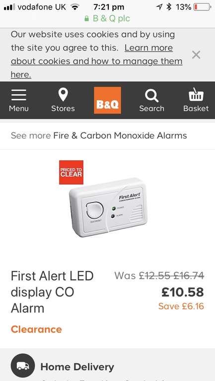 First Alert Co Alarm - £10.58 @ B&Q (free C&C)