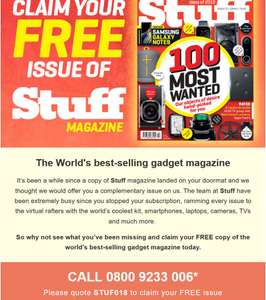 FREE copy of Stuff Magazine call 0800 923 3006 and quote STUF018