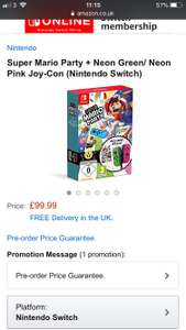 Super Mario Party + Neon Pink/Neon Green Joy-Con (Nintendo Switch)  Bundle £99.99 @ Amazon