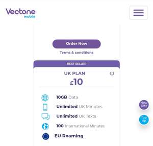 Vectone mobile 10 GB Data and Unlimited UK minutes/Texts £10