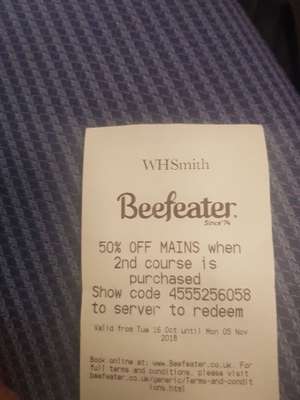 50% off mains at Beefeater when 2nd course is bought with WH Smith purchase