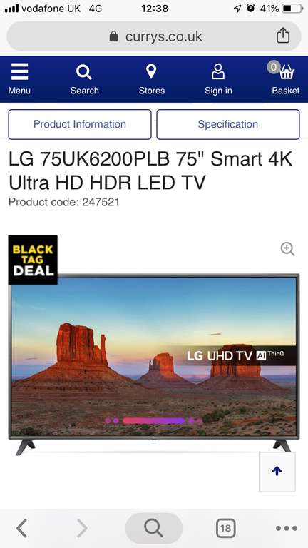 LG 75UK6200PLB 75" Smart 4K Ultra HD HDR LED TV £999 from Currys