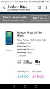 Unlimited everything. Huawei mate 20 pro, £49 a month. £49 upfront cost at buy mobiles.net £1125