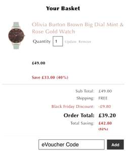 Olivia Burton Big Dial Mint & Rose Gold Watch £39.20 (other colours available) @ Argento