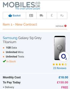 Samsung s9 in any colour at £18/month with £150 upfront. £582 over 24 month @ Mobiles.co.uk
