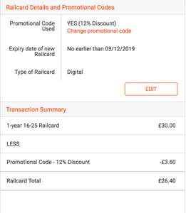 16-25 Railcard £26.40 with code (No student verification needed)