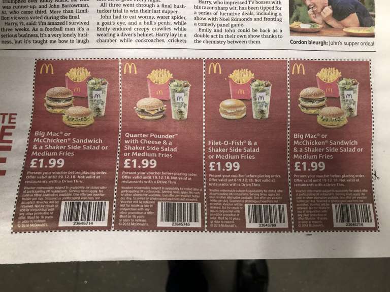 McDonald’s burger and fries £1.99 with coupon Big Mac etc in todays Metro newspaper