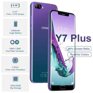 DOOGEE Y7 Plus CellPhone 6.18inch 1080*2246 Screen MTK6757 Octa-Core 2.5GHz 6GB 64GB 16.0MP+13.0MP 5080mAh Android 8.1 @ Aliexpress £137.15