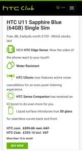 HTC u11 (64GB) +Free JBL Earbuds worth £109 via HTC Club £359.10