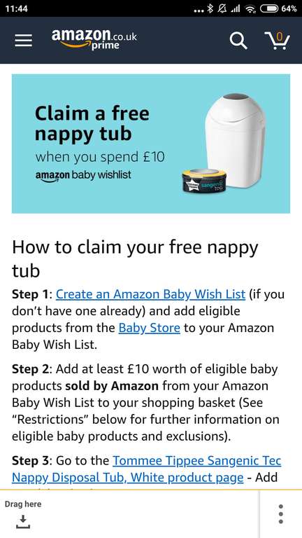 Free Tommee Tippee Nappy Tub when spend £10 on Amazon baby