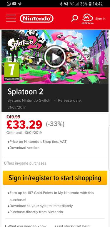 Splatoon 2 digital download for Nintendo Switch for £33.29 on Nintendo eShop