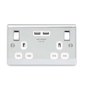 British General 2 Gang Switched Socket with 3.1Amp USB ports (Polished Chrome with White Insert) - £11.68 delivered @ Builder Depot