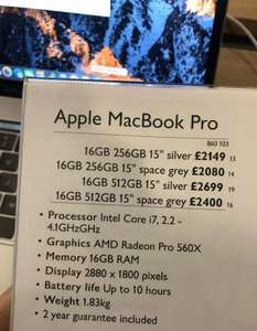 MacBook Pro 15” 16GB 256GB Space Grey £2080 instore @ John Lewis & Partners