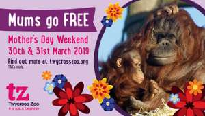 Mums go free on Mother's Day Weekend with one full price ticket, save extra 10% by booking online @ Twycross Zoo