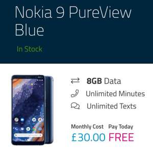 Nokia 9 purview, 8GB EE Max, £30pm/24mths £720, 24M BT sport's inc, free wireless buds (£129), 6mths of Prime video & Apple music BuyMobiles