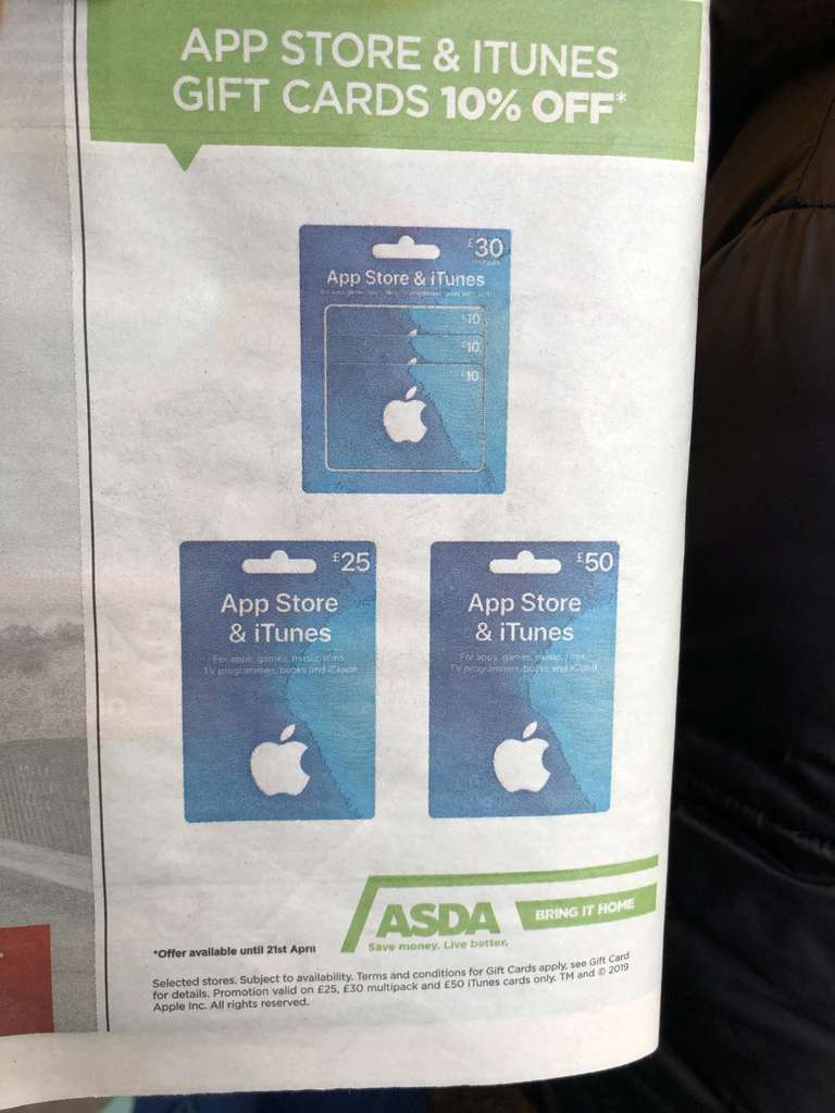 AppStore and iTunes gift cards 10% off at Asda instore