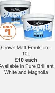 Crown Matt Emulsion Paint 10L £10 Pure Brilliant White & Magnolia @ Homebase - Magnolia also 3 for 2