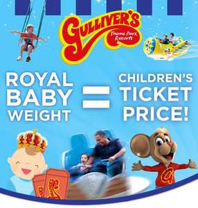 Childs entry for £7.03 (Royal baby weight) instead of £18 with code. Book by 9th May use between 11th May - 2nd June @ Gullivers Fun