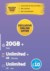 Best Sim Pay As You Go Packages - 20gb Data / Unlimited UK Calls / Unlimited UK Texts - £10 @ Vectone Mobile