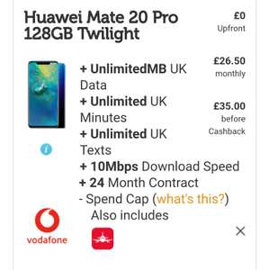 Huawei Mate 20 pro. Unltd data/calls.  £35pn before £240 cashback by redemption. 24M (£26.50pm after CB) No upfront @ Smartphone company