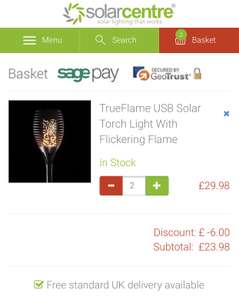 TrueFlame USB Solar Torch Light With Flickering Flame buy one get one free with stack £23.98 at The Solar Centre