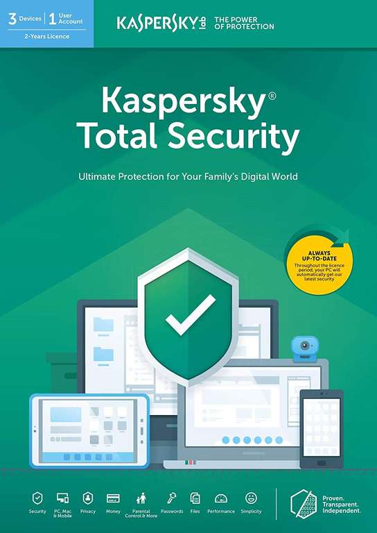 Kaspersky Total Security 2019 - 2 years. 3 devices £19.99 (Prime) / £22.98 (non Prime) Amazon