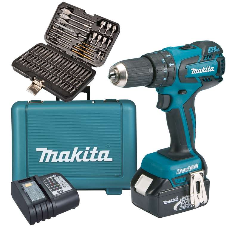 Makita DHP459SM 18v LXT Brushless CombiDrill with  75 Piece Drill & scewdriver Bit Set  £119.99 @ ITS
