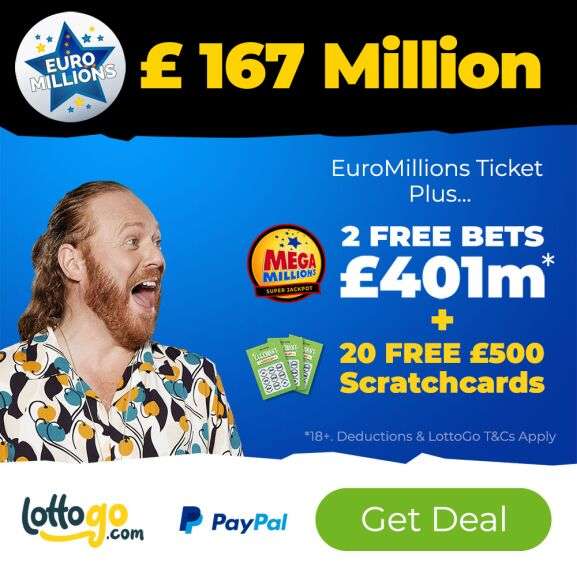 EuroMillions ticket (£167M) + 2 free Megamillions bets (£169M) + 20 free scratchcards for £2.50 at LottoGo