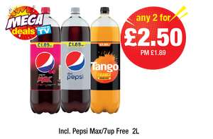 Pepsi Max/Pepsi Max Cherry/Diet Pepsi/ 7 Up / Tango 2 litres Any 2 for £2.50 ( equivalent to £1.25 per bottle) @ Premier stores