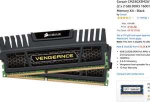 Corsair CMZ4GX3M2A1600C9 Vengeance 4 GB (2 x 2 GB) DDR3 1600 Mhz C9 XMP Performance Memory Kit Black £10.28 £ / £14.77 (nonPrime) Amazon