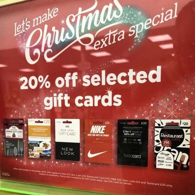 Asda 20% off selected giftcards - includes Nike, New Look, Restaurant Card, Dining out Card and more