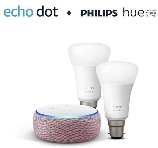 Amazon Echo Dot (All colours inc. Plum) + Philips Hue B22 / E27 twin pack White bulbs £31.99 or twin pack Colour bulb £61.99 @ Amazon