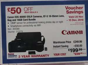 Canon EOS 4000D DSLR, EF-S 18-55mm Lens, Bag and 16GB Card Bundle - (£199 + VAT = £239.98) instore @ Costco