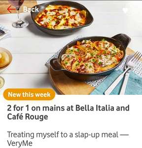 2 for 1 on mains at Bella Italia and Café Rouge @ Vodafone VeryMe Rewards