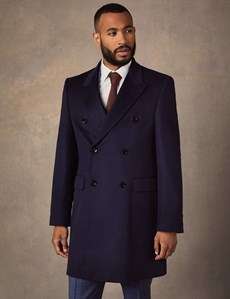 Men's Double Breasted Overcoat in Navy/Burgundy - Wool/Cashmere blend - (was £279) now £129 @ Hawes and Curtis