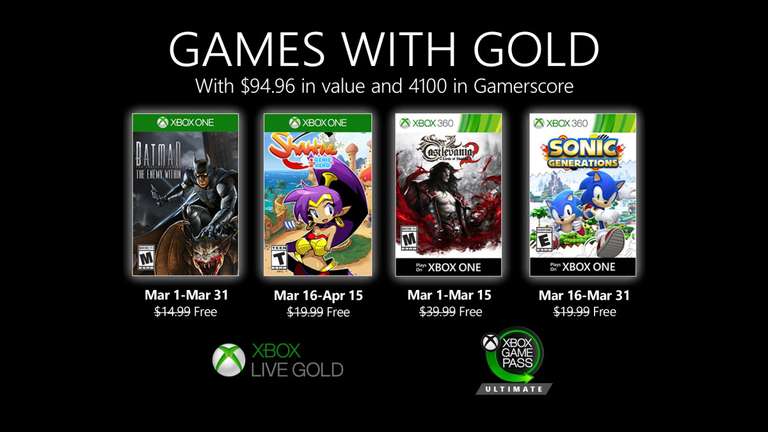 Xbox Games with Gold (March 2020) - Batman: The Enemy Within, Shantae: Half-Genie Hero, Castlevania: Lords of Shadow 2 & Sonic Generations