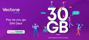 Vectone - 30GB Data, Unlimited Calls/Text for £10 a month. No contract and uses EE Network, 3G connection