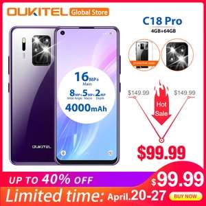 OUKITEL C18 Pro 6.55" Android 9.0 MT6757 4GB 64GB 16MP 4 Cameras Smartphone 1600*720 4000mAh £85.98 AliExpress OUKITEL Global Store