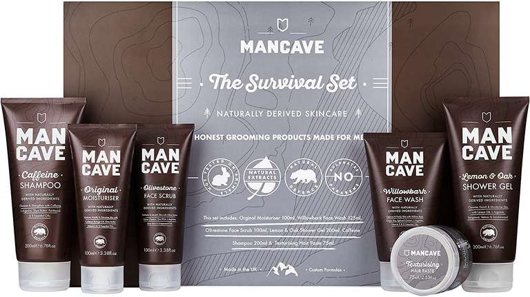 ManCave Survival Gift Set - 6 Natural Grooming Essentials - £16.99 (With £3 Voucher) @ Amazon Prime / £21.48 Non Prime
