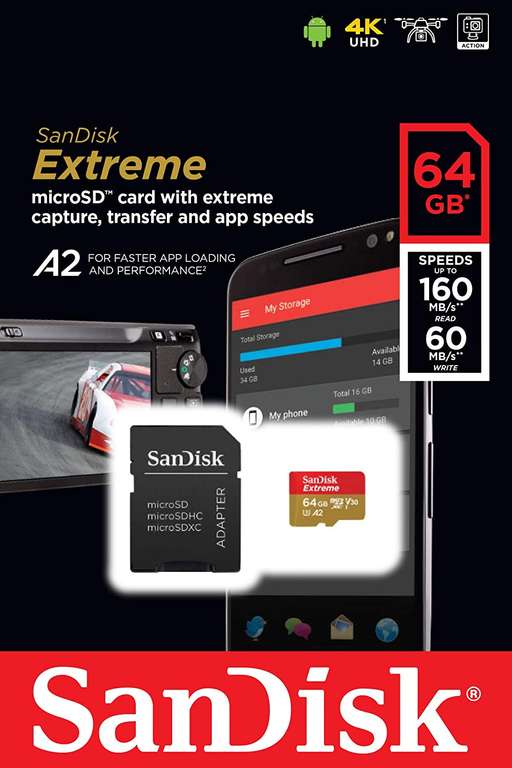 SanDisk Extreme 64 GB microSDXC U3 SD Card - £12.95 (£14.14 non-Prime) @ Amazon UK