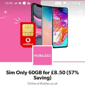 Sim only 60gb 12 Months Contract - Total Cost £240 ( £102 after cashback) @ Mobiles.co.uk