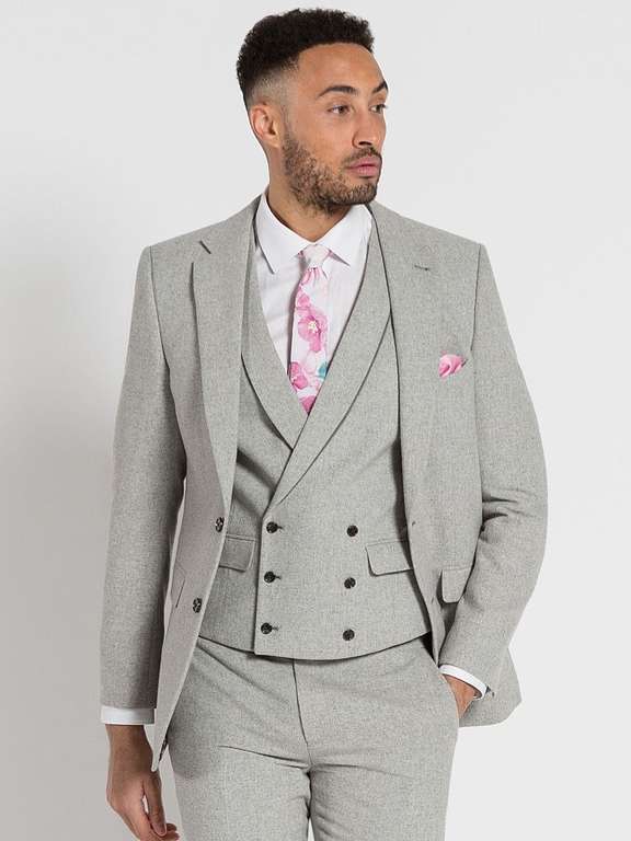 ONESIX5IVE Luxury Grey Tweed Three Piece Slim Suit with Double Breasted Waistcoat £100 at slaters